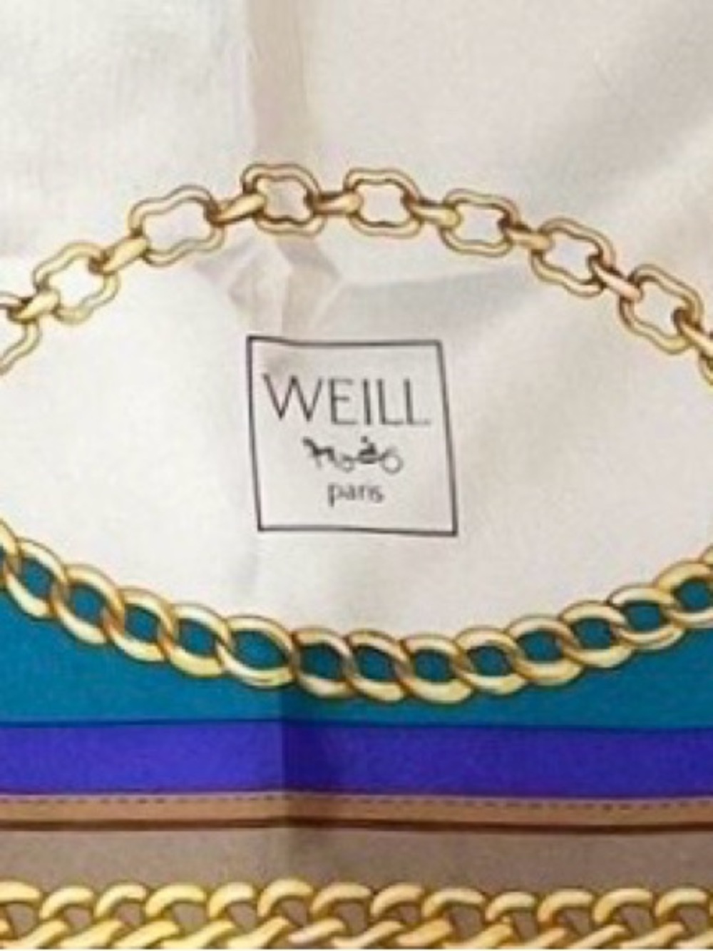 Weill Paris Vintage Silk Scarf with Carriage Chain Design Teal & Purple 34”x34” - Picture 3 of 8